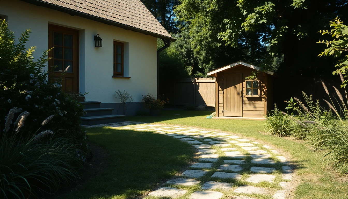 KI-Symbolbild: Ein Plattenweg führt durch einen sonnigen Garten vom Eingang eines weißen Hauses zu einem hölzernen Gartenschuppen.