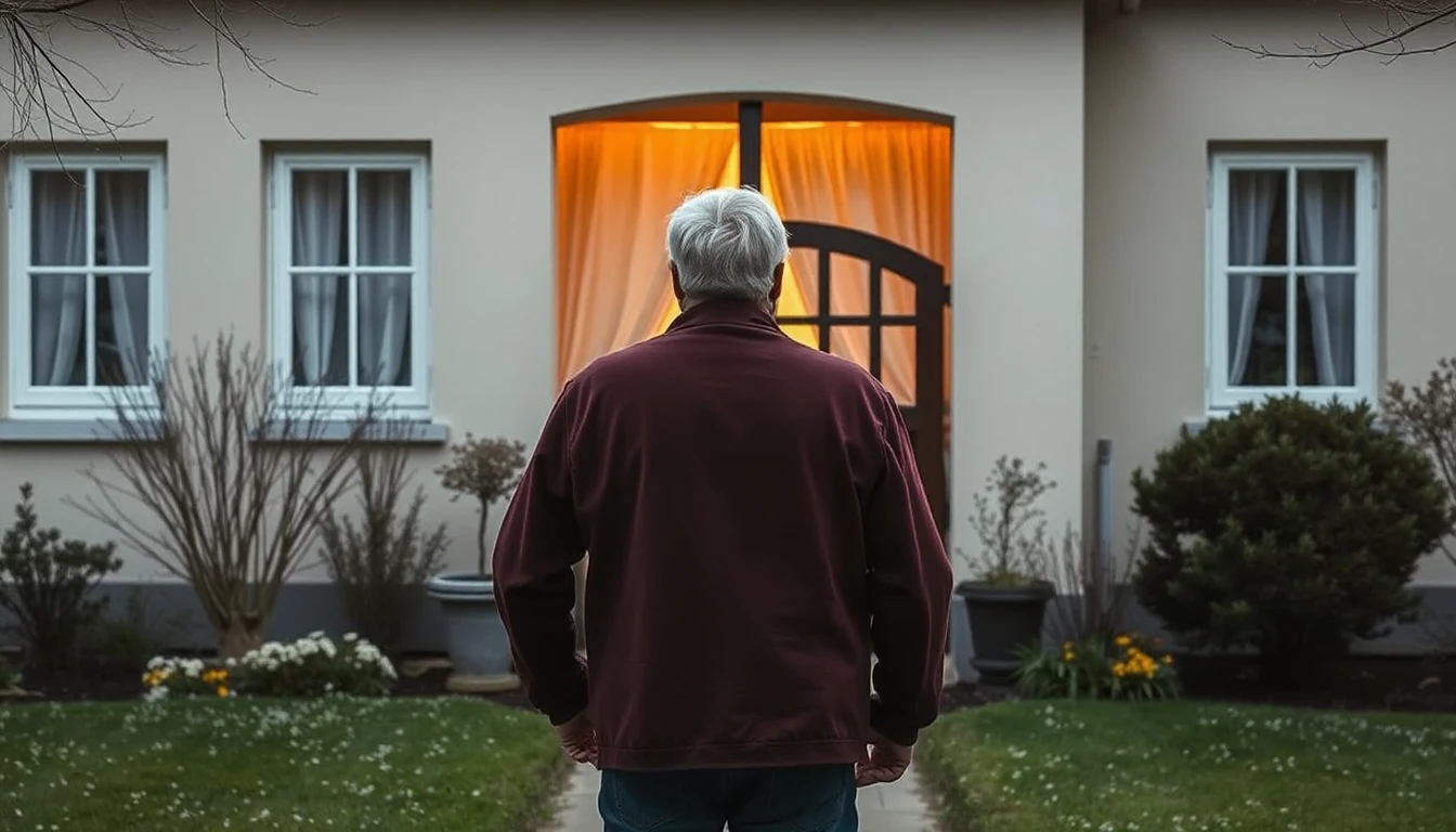 KI-Symbolbild: Ein grauhaariger Mann steht von hinten gesehen vor einem gepflegten Haus mit zugezogenen Vorhängen und frühlingshaftem Rasen.
