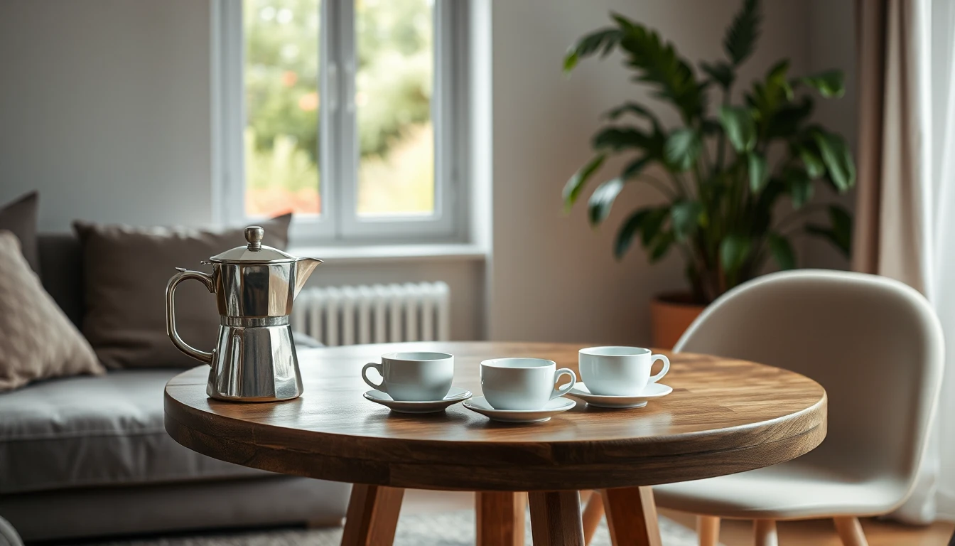 KI-Symbolbild: Eine Kaffeekanne und drei leere Tassen stehen auf einem runden Holztisch in einem hellen Wohnzimmer mit Fenster zum Garten.