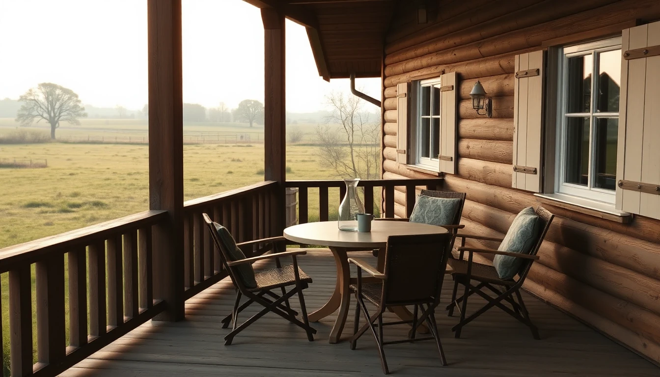 KI-Symbolbild: Auf einer Holzveranda eines Landhauses stehen ein runder Tisch mit Wasserkaraffe und mehrere Stühle mit Blick über eine Wiese.
