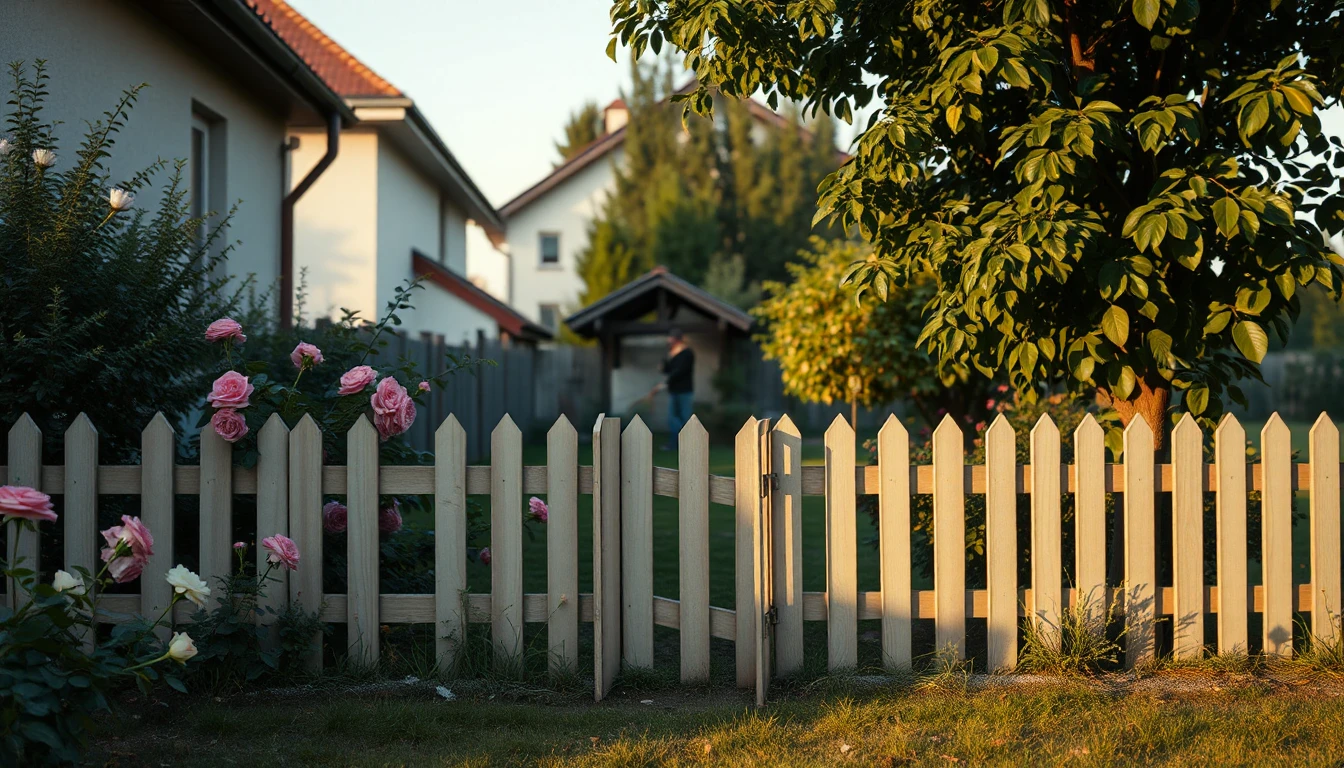 KI-Symbolbild: Ein niedriger Lattenzaun mit kleinem Tor trennt zwei Gärten mit Rosen, im Hintergrund steht klein eine Person im Nachbargarten.