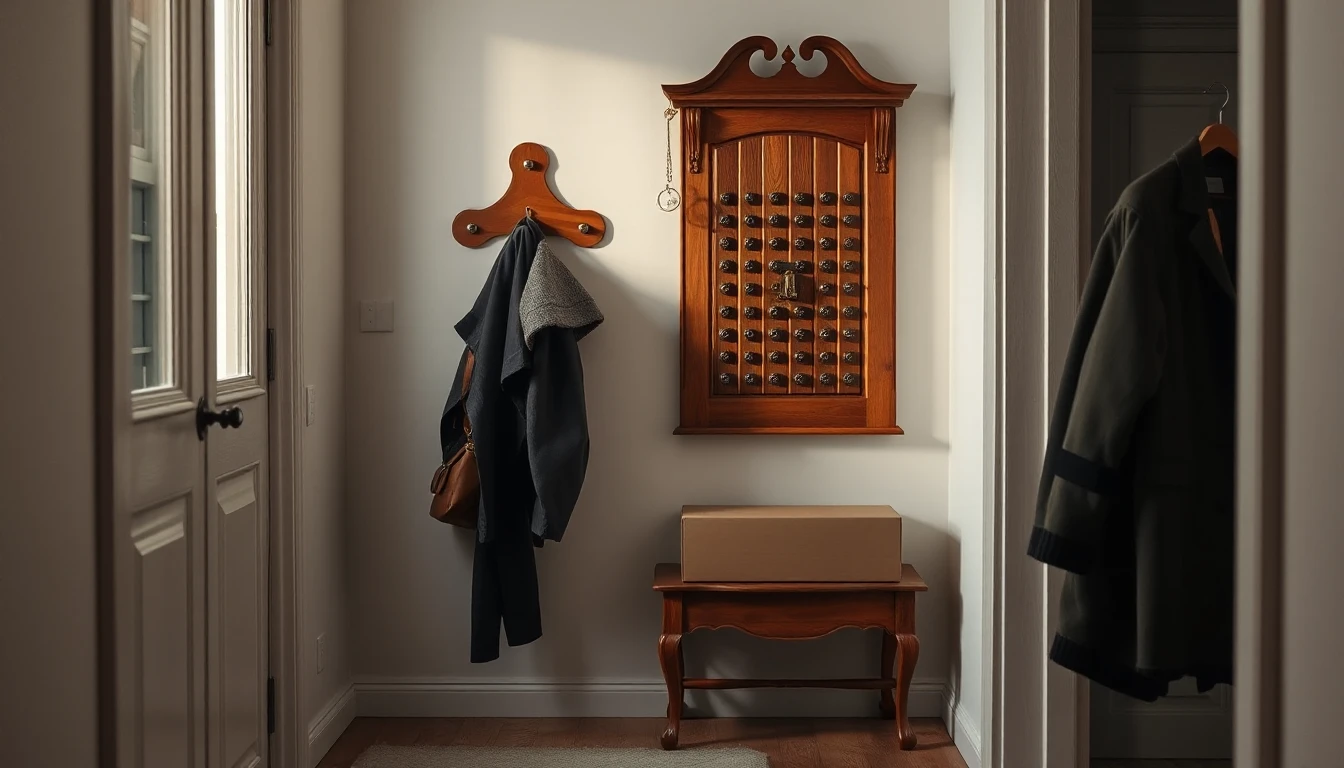 KI-Symbolbild: In einem Hausflur hängen ein hölzerner Schlüsselkasten und Mäntel an der Wand, darunter steht ein schlichter Karton auf einer Bank.