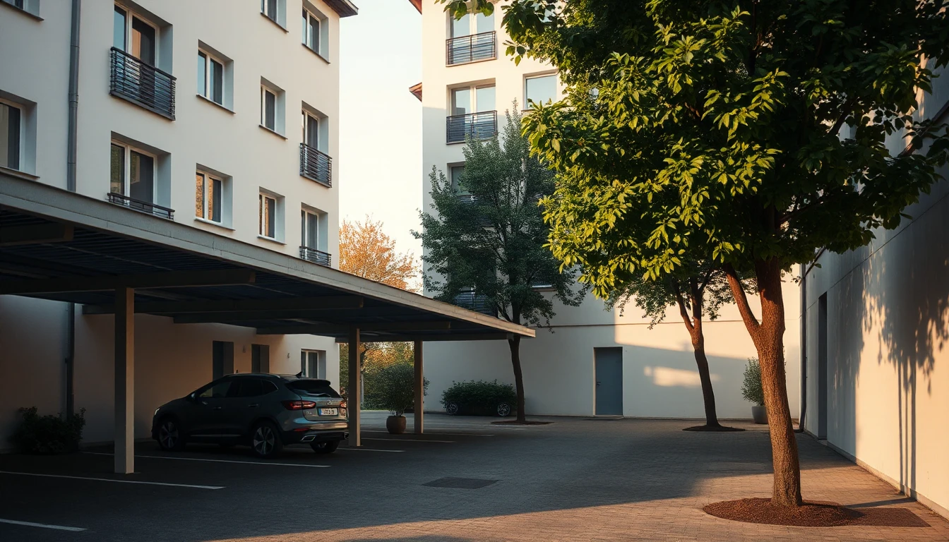 KI-Symbolbild: Im Innenhof einer Wohnanlage steht ein Auto unter einem offenen Carport, daneben Bäume im warmen Abendlicht.