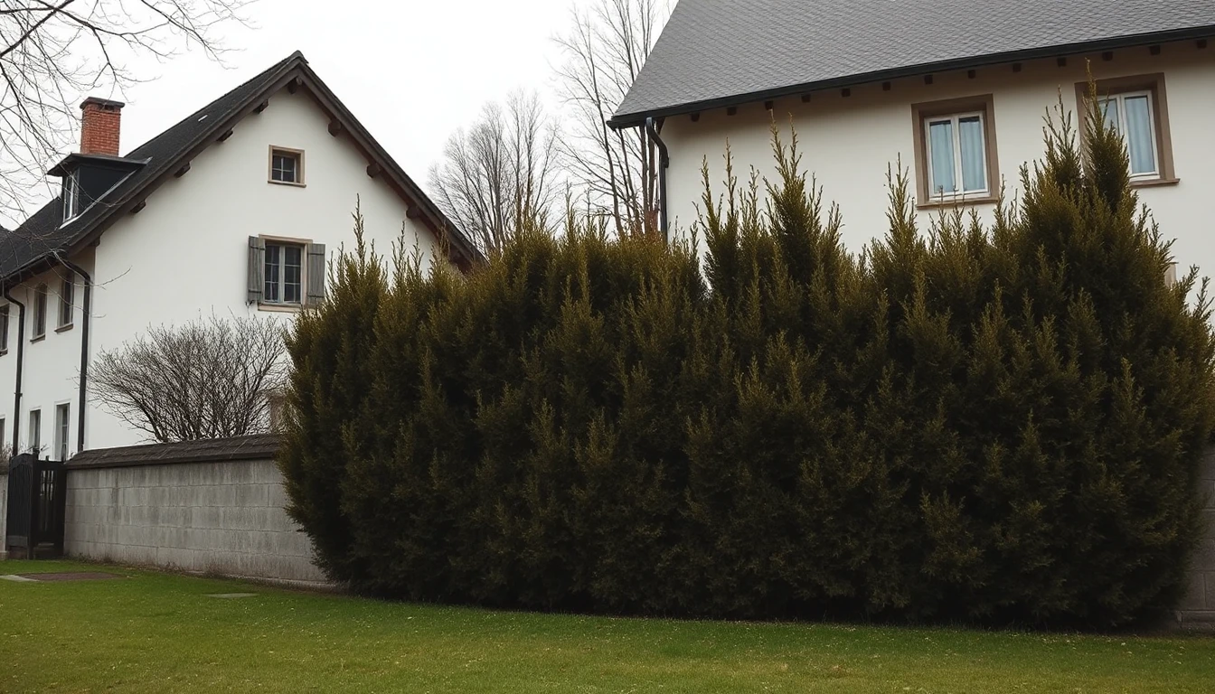 KI-Symbolbild: Eine hohe, wuchernde Thujenhecke ragt neben einer Grenzmauer zwischen zwei weißen Häusern, davor ein schmaler Rasenstreifen.