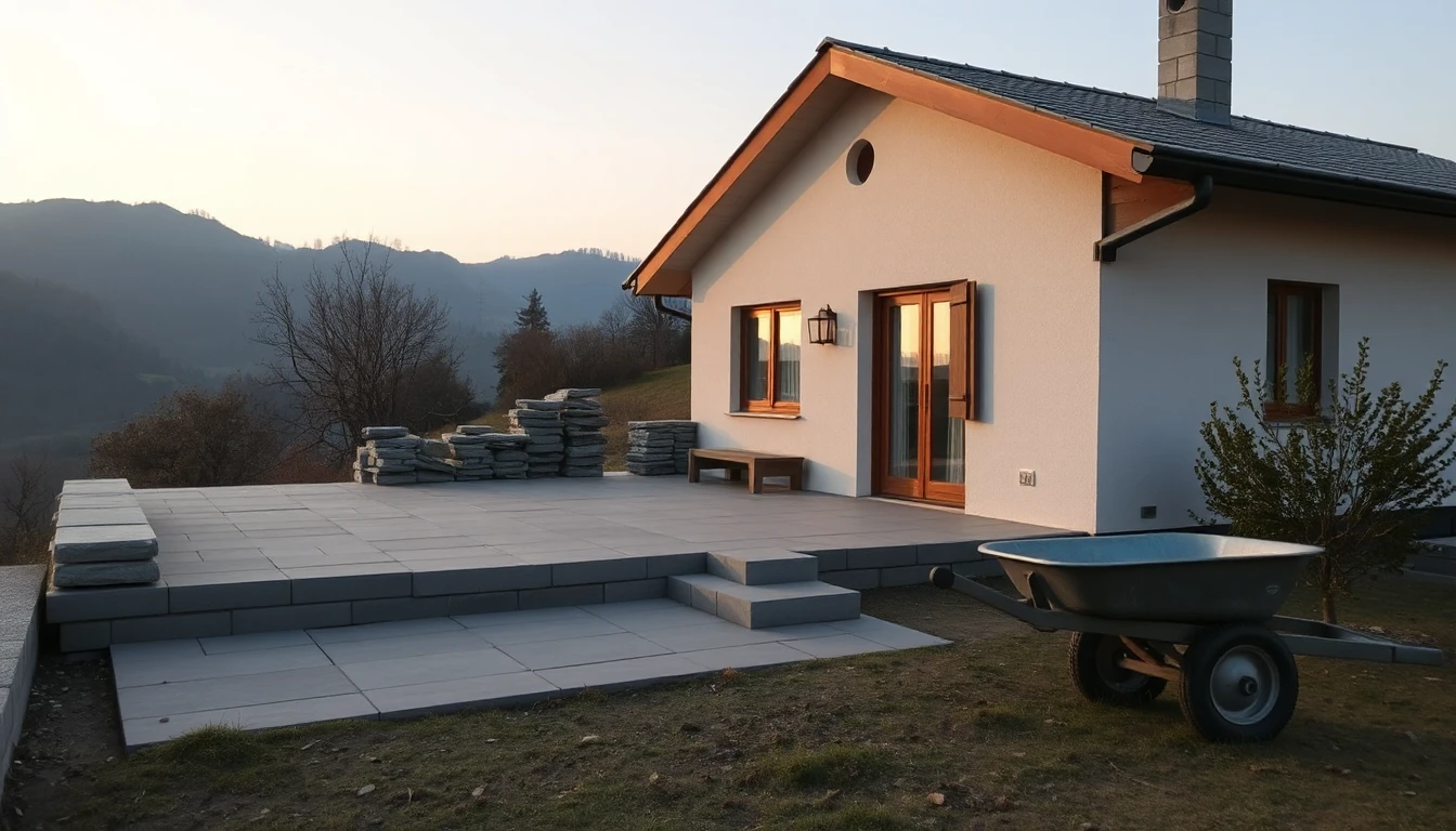KI-Symbolbild: Neben einem Haus in hügeliger Landschaft liegt eine halbfertige Terrasse mit gestapelten Pflastersteinen und einer Schubkarre.