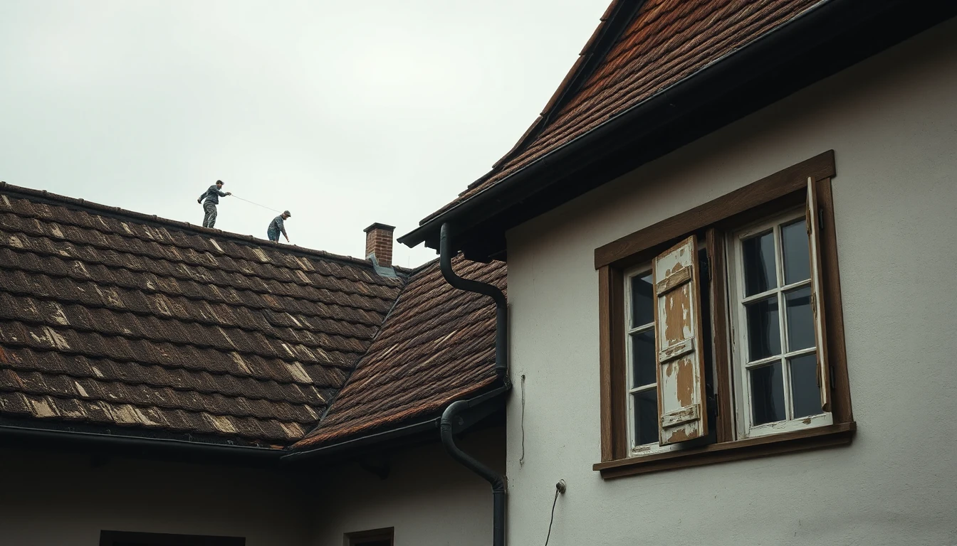 KI-Symbolbild: Ein älteres Haus mit verwittertem Ziegeldach und abblätternden Fensterläden, auf dem Dach messen zwei kleine Handwerker.