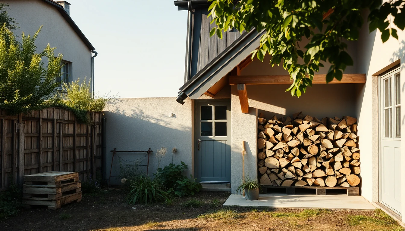 KI-Symbolbild: Ein heller Nebeneingang eines Hauses mit Vordach, daneben ein großer Brennholzstapel und Holzpaletten im Garten.
