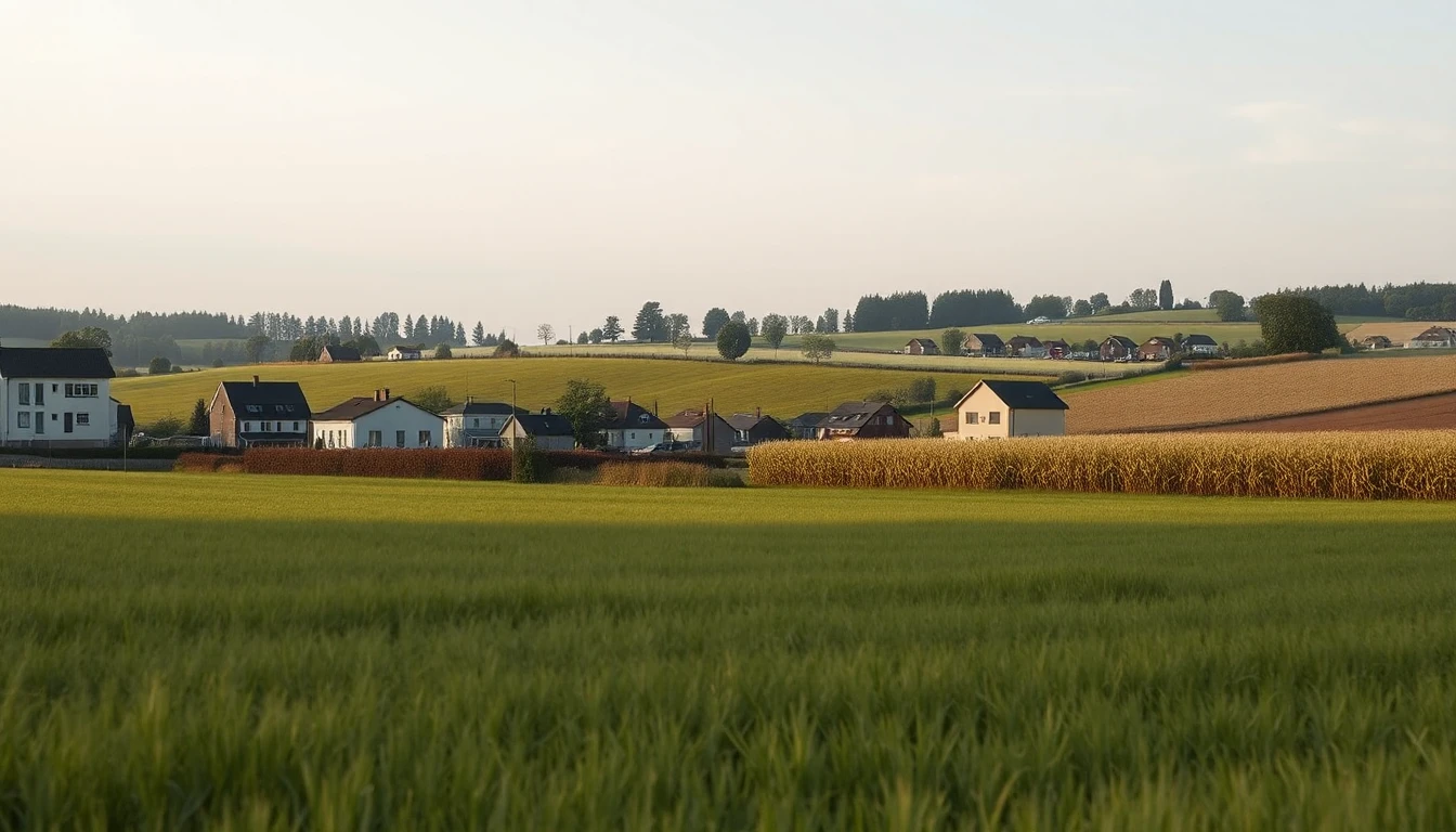 KI-Symbolbild: Eine grüne Wiese am Ortsrand grenzt an ein Maisfeld, dahinter stehen neue Häuser vor sanften Hügeln.