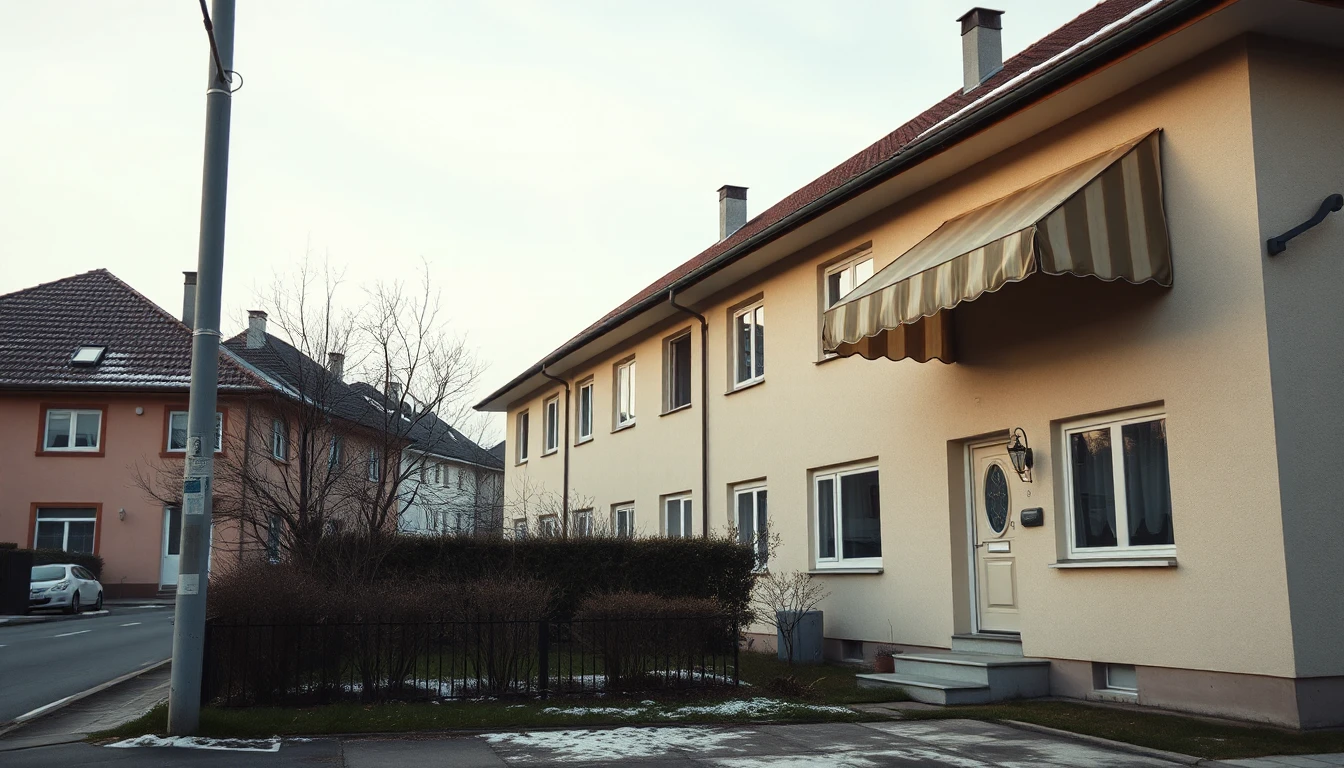KI-Symbolbild: Ein Siebziger-Jahre-Wohnhaus mit gestreifter Markise und kleinem Vorgarten an einer ruhigen Straße unter blassem Winterhimmel.