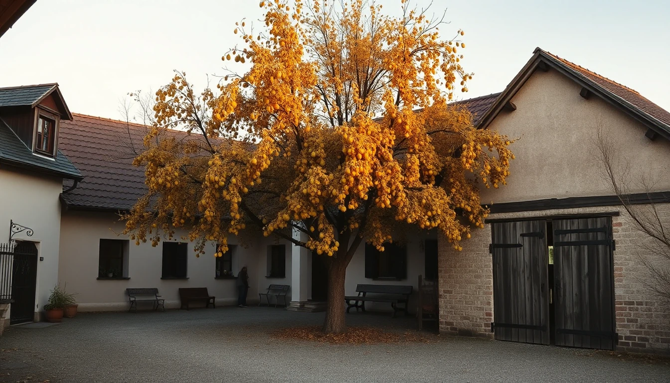 KI-Symbolbild: Ein umschlossener Bauernhof mit großem Obstbaum in goldenem Herbstlicht und einem alten hölzernen Tor.