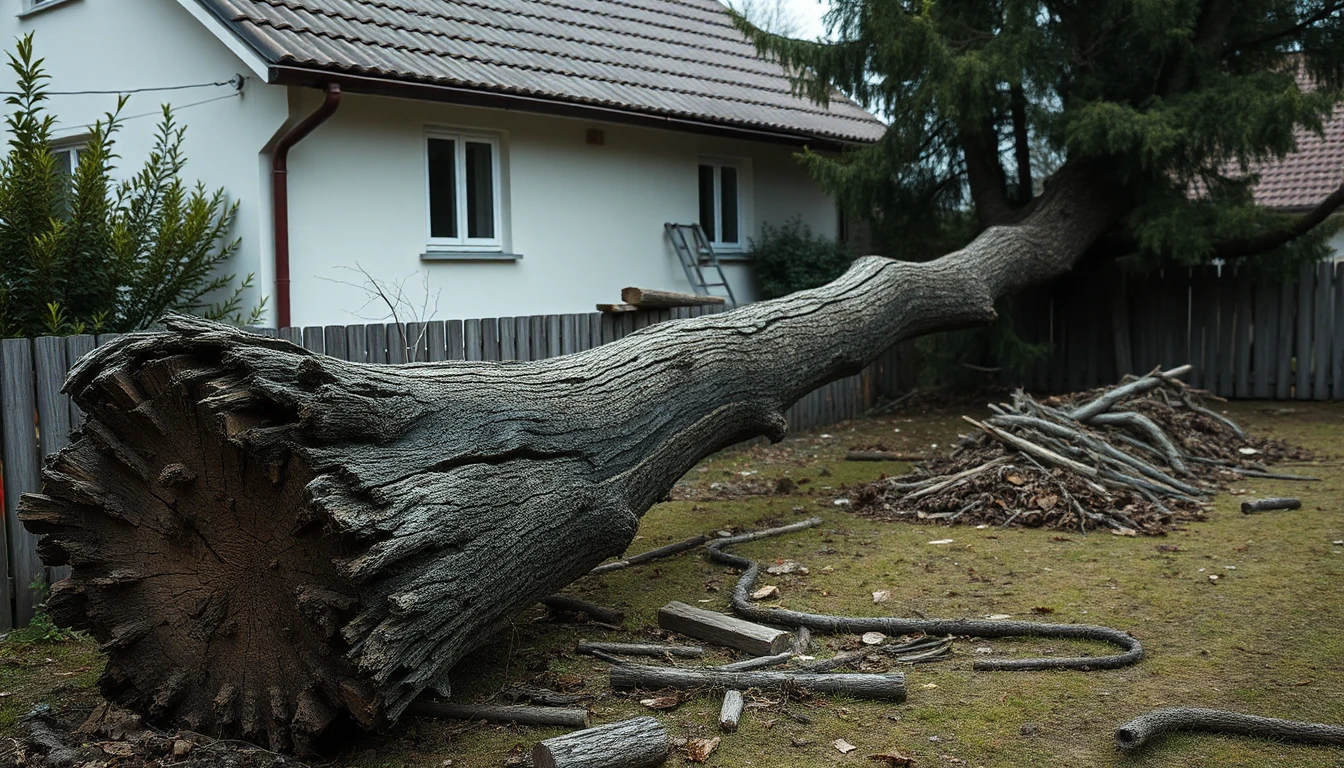 KI-Symbolbild: Ein umgestürzter Baumstamm liegt quer im Garten vor einem weißen Haus, daneben ein Haufen aufgeräumter Äste.
