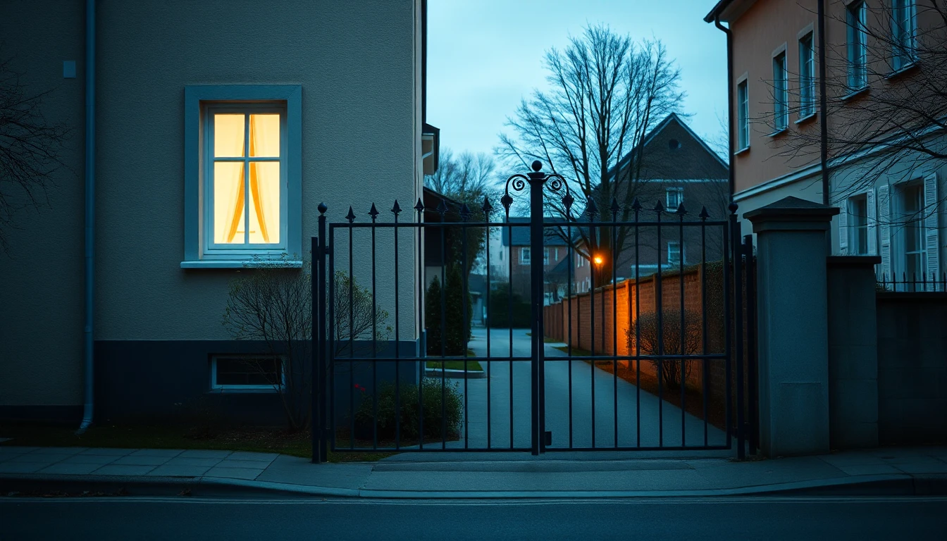KI-Symbolbild: Ein Stadthaus mit warm beleuchtetem Fenster und ein geschlossenes schmiedeeisernes Tor an einer leeren Straße zur blauen Stunde.