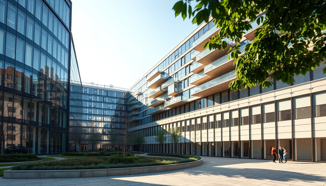 KI-Symbolbild: Moderne Wohn- und Bürogebäude mit Glasfassaden um einen begrünten Platz im klaren Morgenlicht.