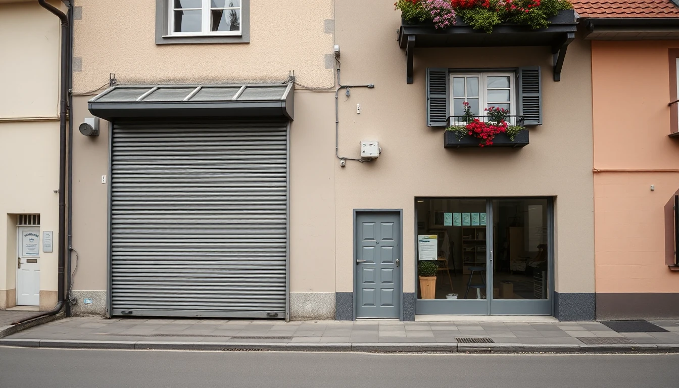 KI-Symbolbild: Ein zweigeschossiges Geschäftshaus mit geschlossenem grauem Rolltor im Erdgeschoss und Blumenkästen an den oberen Fenstern.