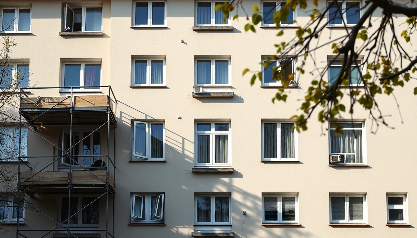 KI-Symbolbild: Frisch gestrichene Fassade eines älteren Wohnhauses mit Fensterreihen und einem Gerüstrest im Frühlingslicht.