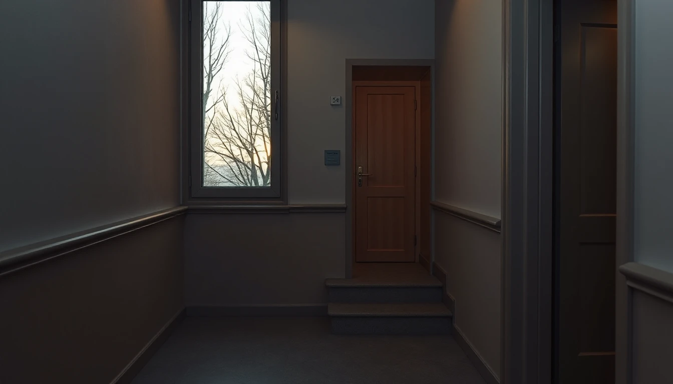 KI-Symbolbild: Stiller Hausflur in der Dämmerung mit geschlossener Holztür und einem hohen Fenster mit Blick auf kahle Bäume.