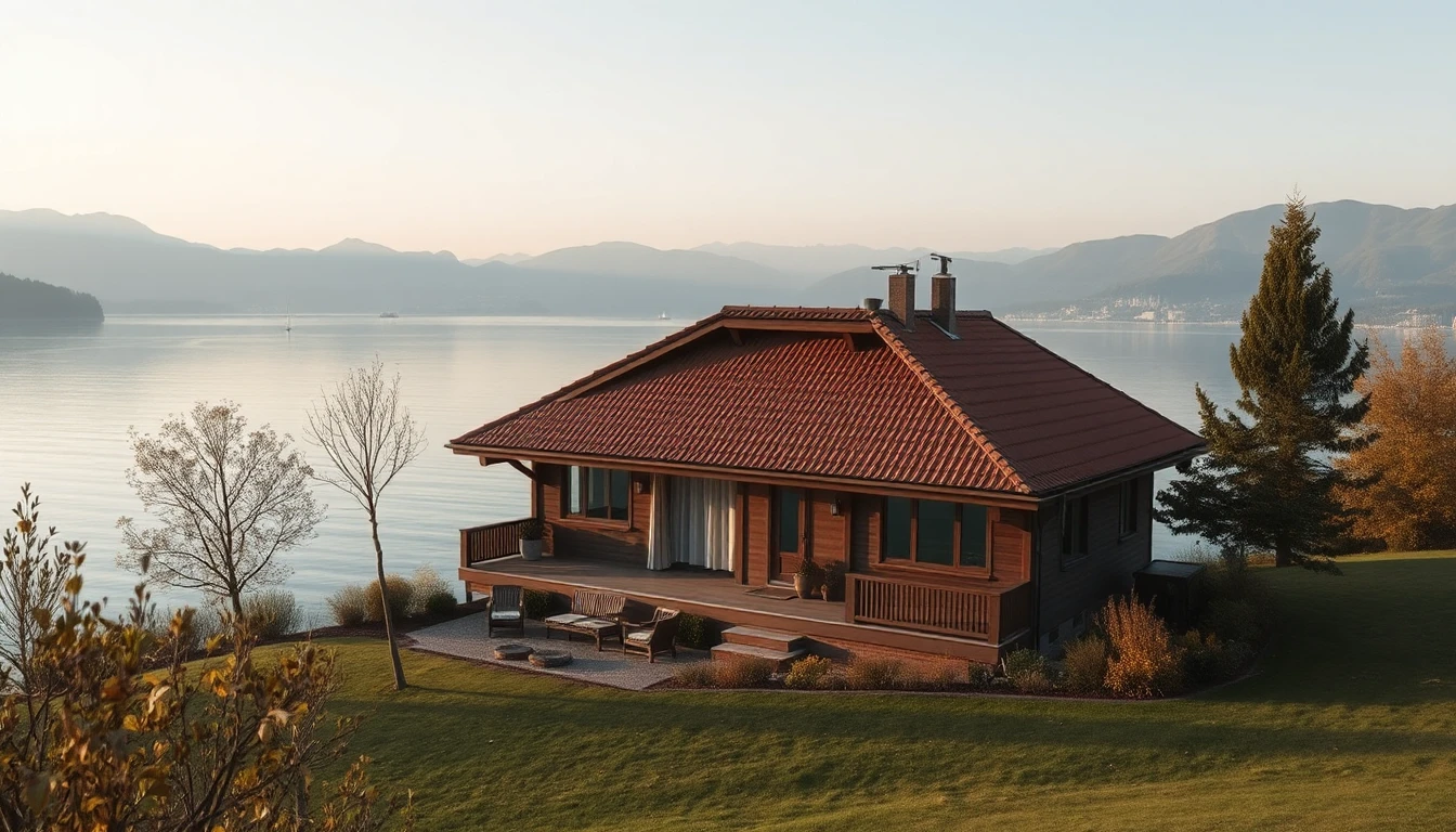 KI-Symbolbild: Ferienhaus mit Holzveranda am Ufer eines breiten Sees mit Bergen am gegenüberliegenden Ufer im Herbstmorgen.