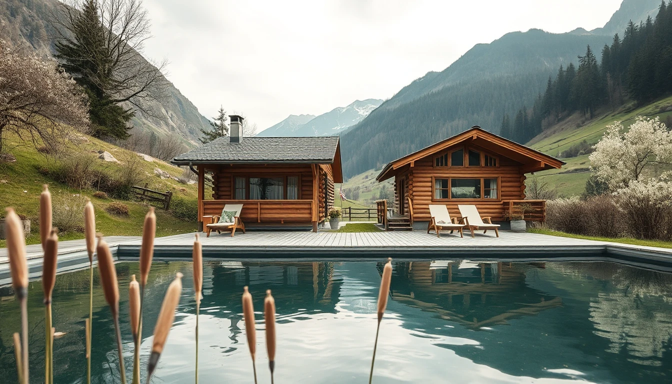 KI-Symbolbild: Zwei Holzchalets mit Terrasse und Liegestühlen hinter einem Naturbadeteich mit Rohrkolben in einem Alpental.