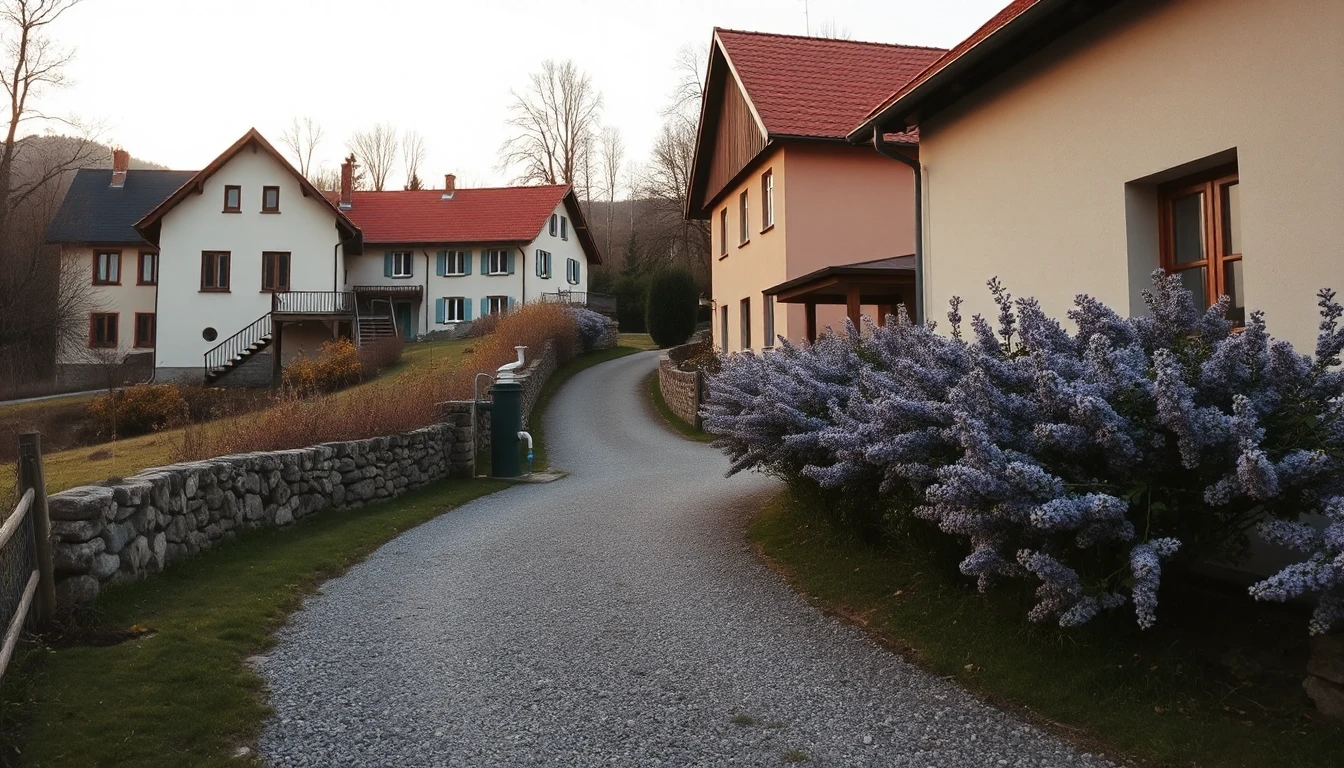 KI-Symbolbild: Gemeinsamer Kiesweg am Hang zwischen mehreren Häusern mit Wasserpumpe und blühendem Flieder am späten Nachmittag.