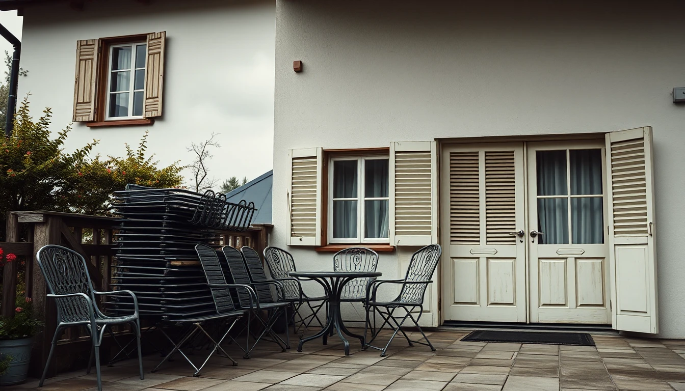 KI-Symbolbild: Terrasse eines Hauses mit gestapelten Gartenstühlen und Fensterläden an einem bedeckten Nachmittag.