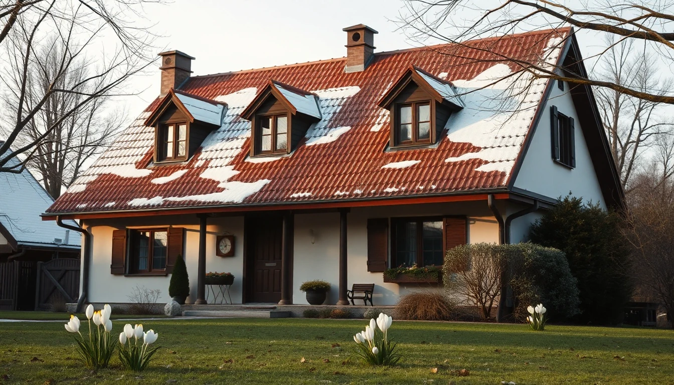 KI-Symbolbild: Gepflegtes Einfamilienhaus mit schmelzendem Schnee auf dem Ziegeldach und ersten Krokussen im Rasen.