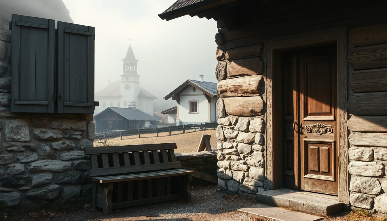 KI-Symbolbild: Altes Bauernhaus mit geschlossenen Fensterläden, Holzbank und einer Kapelle im Morgennebel.
