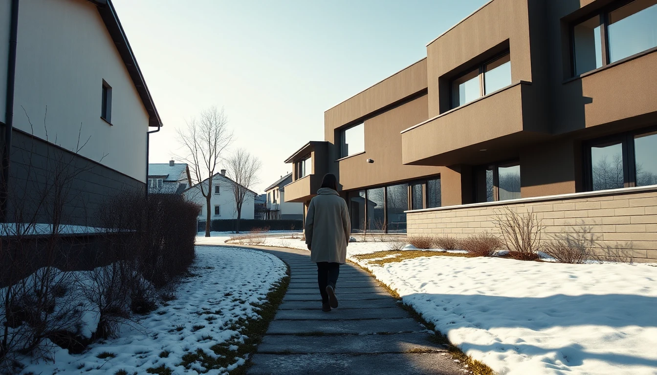KI-Symbolbild: Moderner Flachdachbau mit großen Fenstern, eine Person von hinten auf dem verschneiten Zugangsweg.