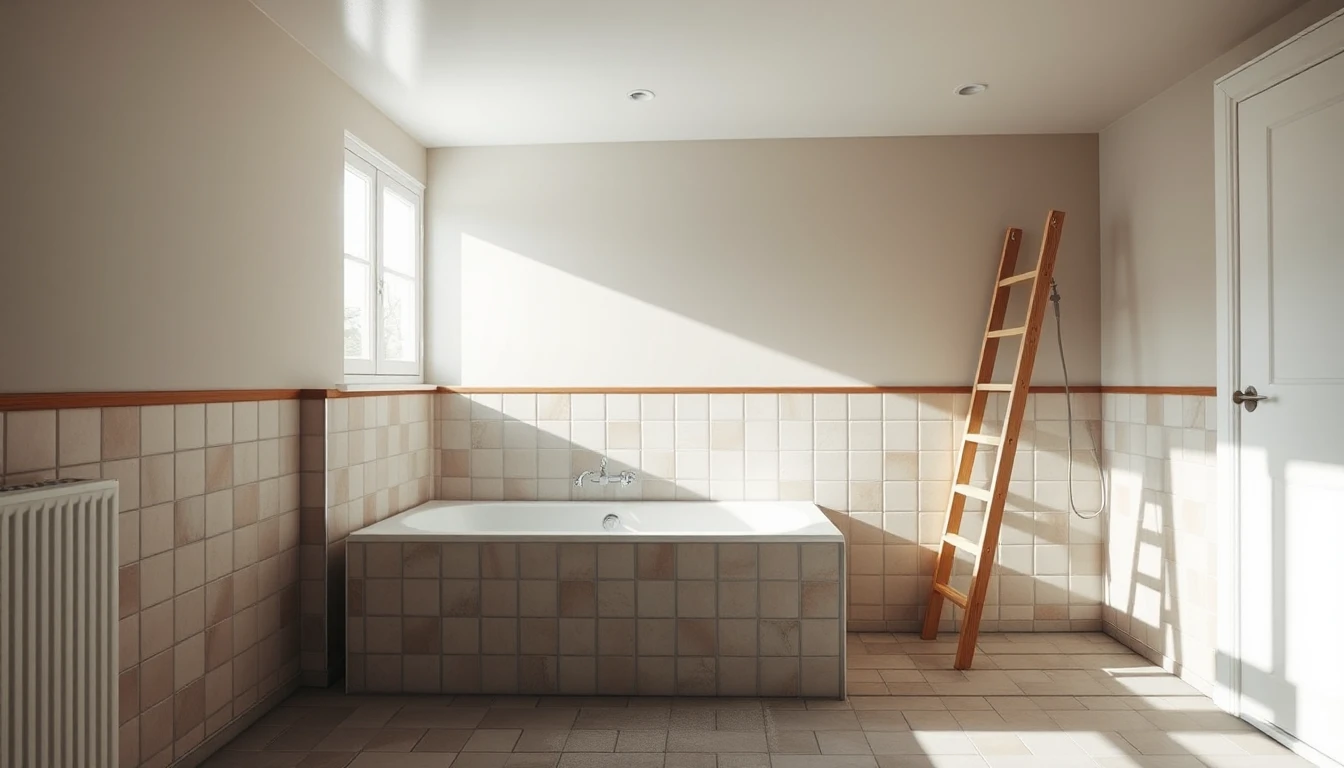 KI-Symbolbild: Frisch renoviertes Badezimmer mit Badewanne, neuen Fliesen und einer angelehnten Holzleiter im Morgenlicht.