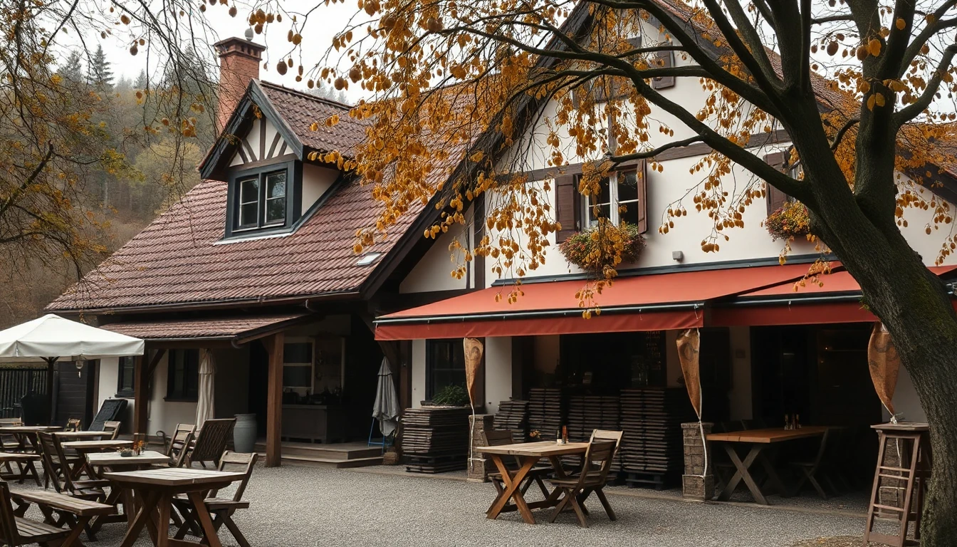KI-Symbolbild: Dorfgasthaus mit rotem Vordach, Gastgarten und gestapelten Tischen unter einem Baum im Herbst.