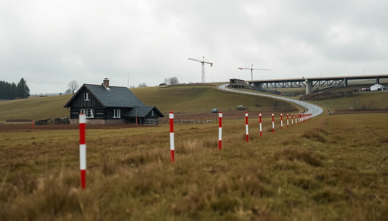 KI-Symbolbild: Bauernhaus an einer Wiese mit rot-weißen Absteckstangen und einer Brückenbaustelle in der Ferne.