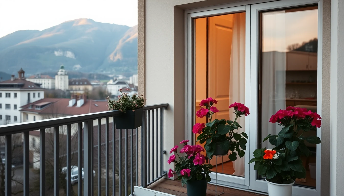 KI-Symbolbild: Balkon einer Mietwohnung mit Geranien und geschlossener Balkontür vor einem Bergpanorama im Abendlicht.