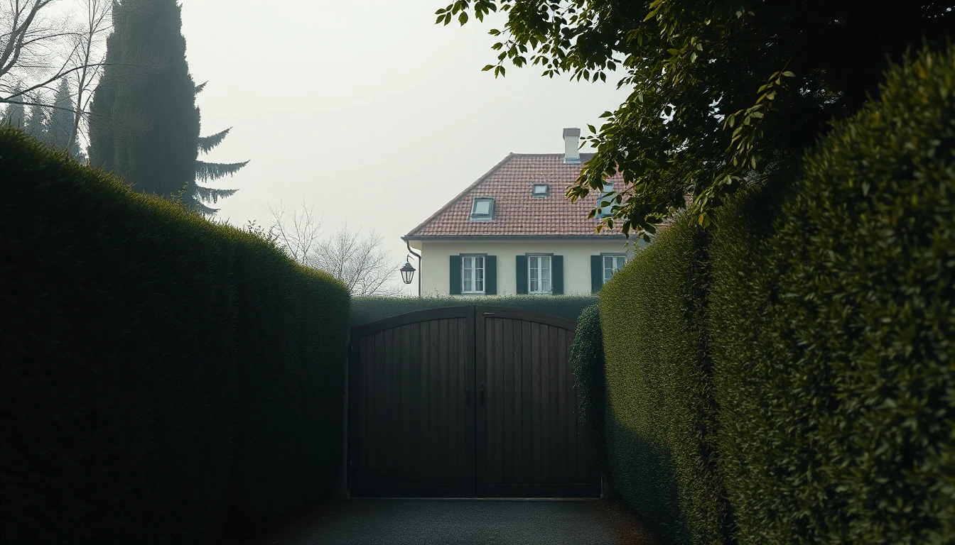 KI-Symbolbild: Abgeschiedenes Haus hinter hohen Hecken und einem geschlossenen Holztor im Morgennebel.