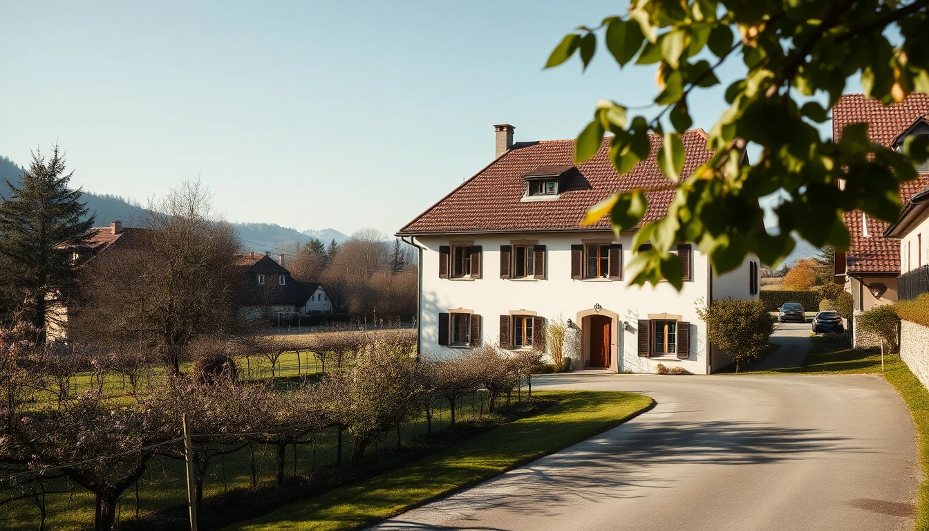KI-Symbolbild: Freistehendes Haus mit Ziegeldach neben Weingartenreihen an einem klaren Frühlingsmorgen.