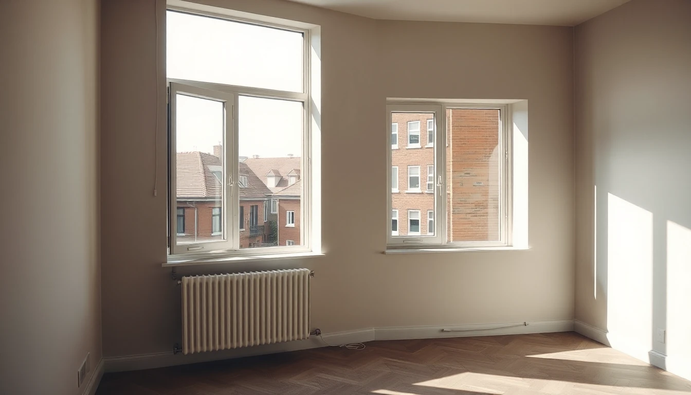 KI-Symbolbild: Leere, frisch geräumte Wohnung mit kahlen Wänden und offenem Fenster auf rote Backsteinhäuser.