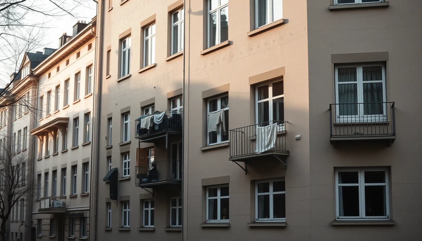 KI-Symbolbild: Altbau-Mietshaus mit kleinen Balkonen, auf denen Wäsche hängt, in mildem Morgenlicht.