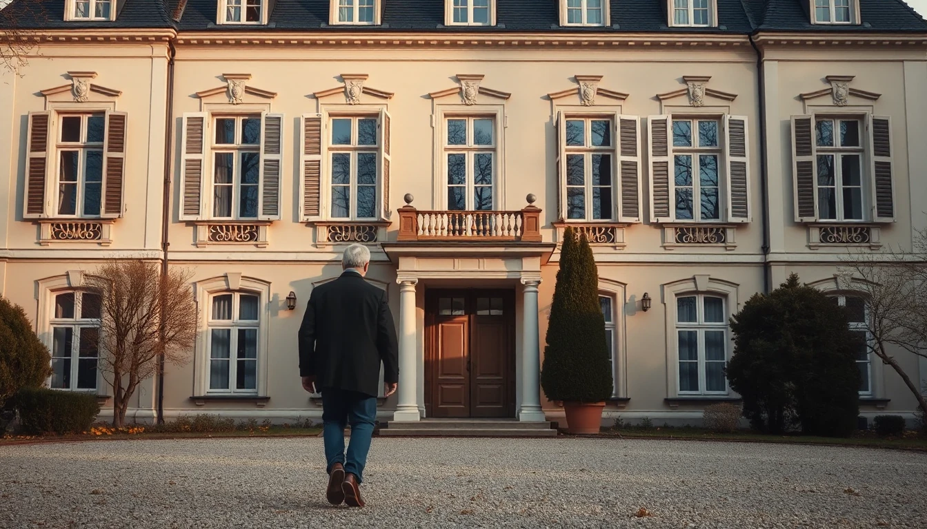 KI-Symbolbild: Eine helle Stadtvilla mit Kiesvorplatz, auf deren Eingang ein Mann von hinten zugeht.