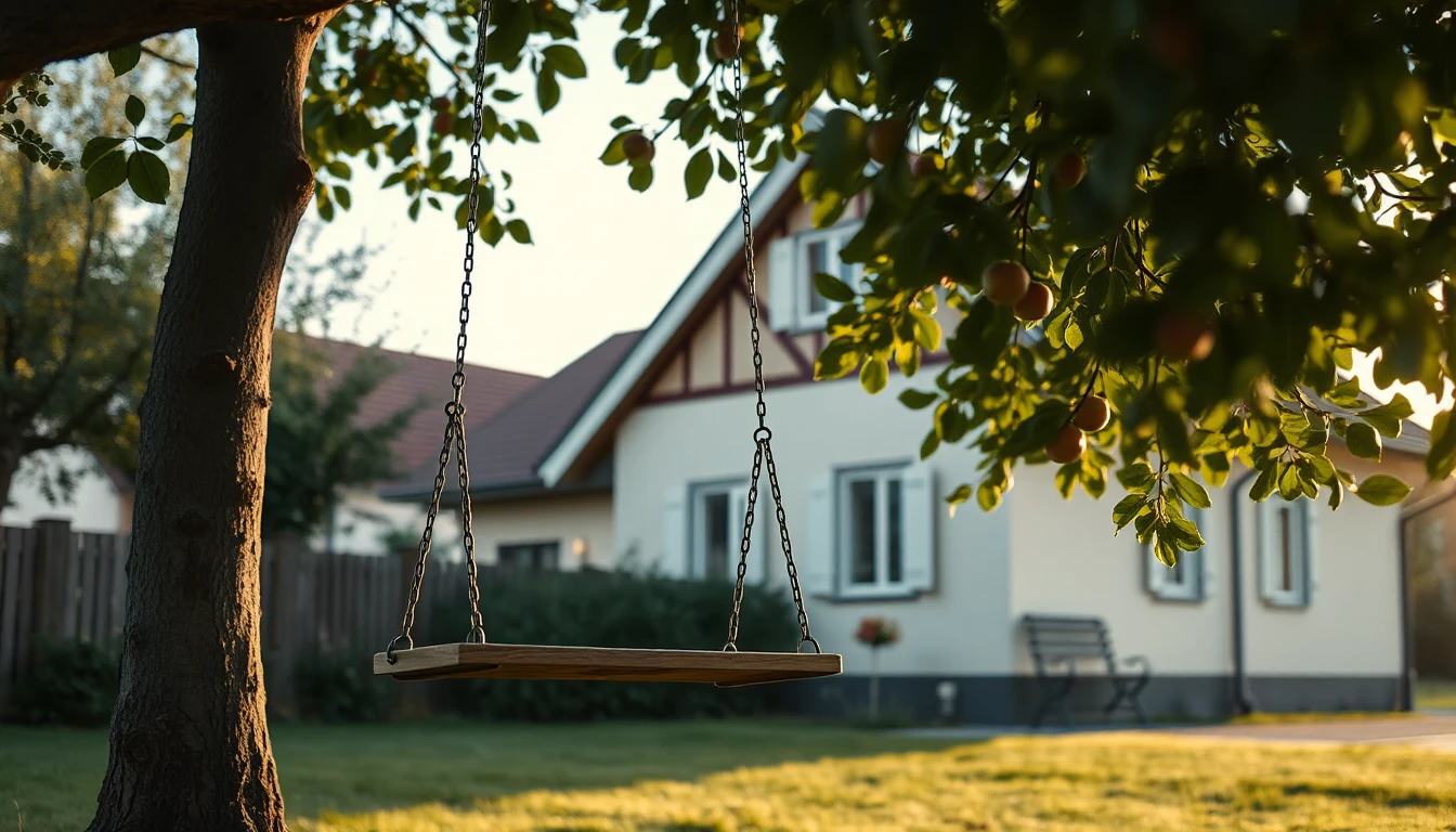 KI-Symbolbild: Eine leere Holzschaukel hängt an einem Apfelbaum vor einem ruhigen Einfamilienhaus.