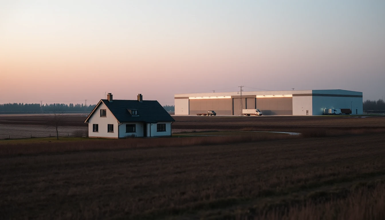 KI-Symbolbild: Ein einzelnes Wohnhaus am Feldrand mit einer großen Logistikhalle im Hintergrund in der Dämmerung.