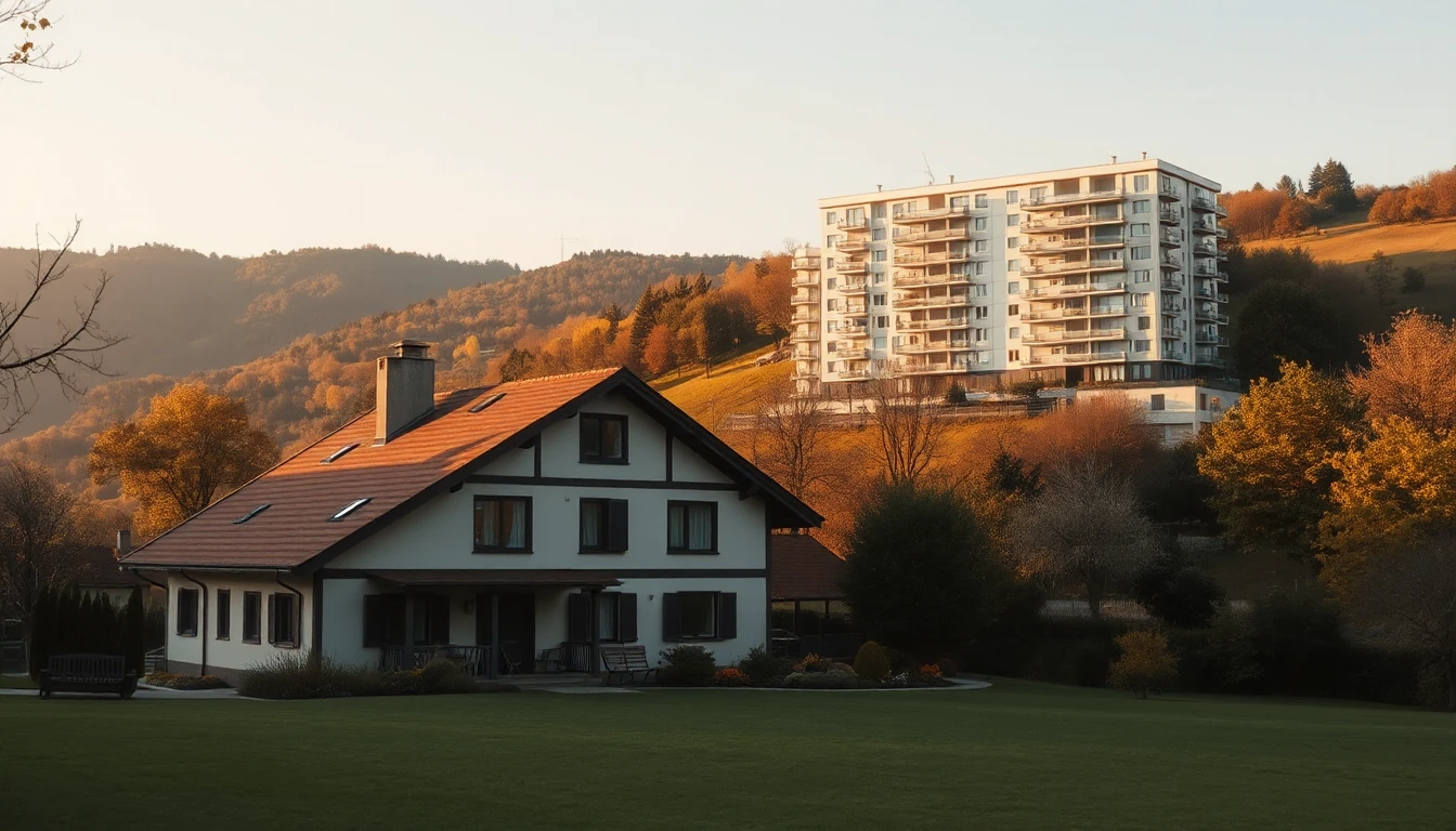 KI-Symbolbild: Ein Einfamilienhaus mit großer Wiese, dahinter ein modernes Wohnhaus am herbstlichen Hang.