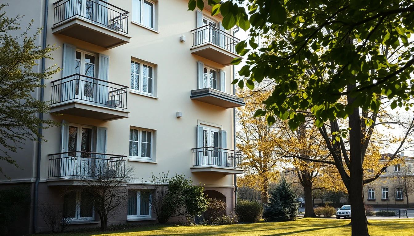 KI-Symbolbild: Ein mehrgeschossiges helles Wohnhaus mit Balkonen, gesehen von einer Parkwiese im Frühlingslicht.