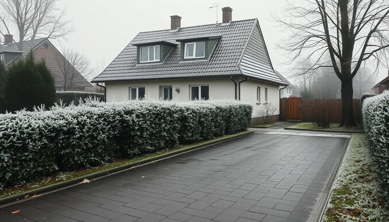 KI-Symbolbild: Ein Einfamilienhaus mit bereifter Hecke und leerer gepflasterter Einfahrt an einem nebligen Wintermorgen.