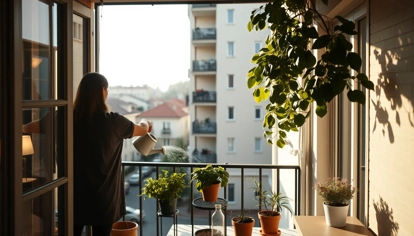 KI-Symbolbild: Eine Frau gießt von hinten gesehen Pflanzen auf einem Balkon über einer Wohnstraße.