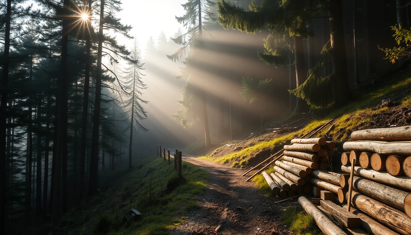 KI-Symbolbild: Ein Forstweg am bewaldeten Hang mit gestapelten Baumstämmen und Sonnenstrahlen im Morgennebel.