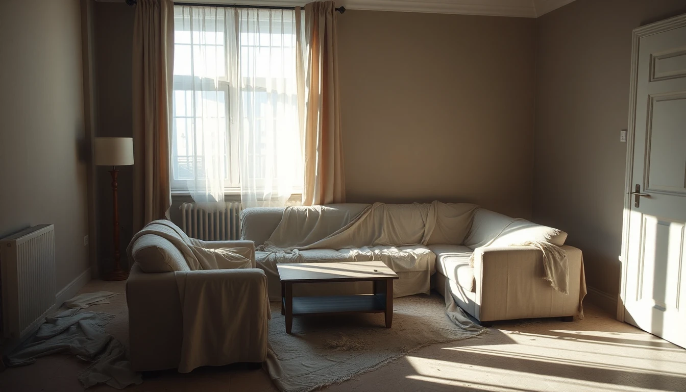 KI-Symbolbild: Ein stilles Wohnzimmer mit Tüchern über Sofa und Sessel und Licht durch helle Vorhänge.
