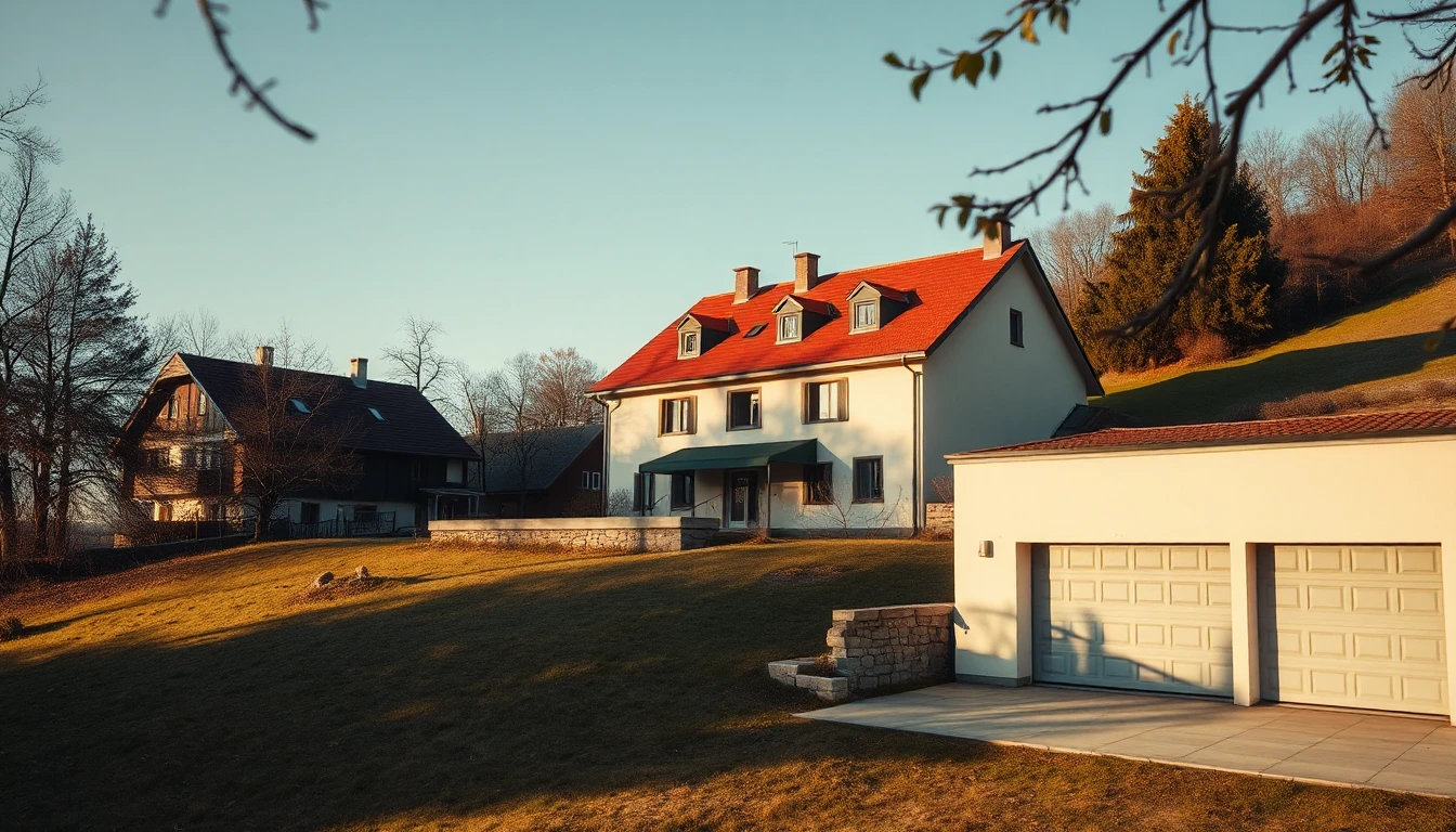 KI-Symbolbild: Ein Einfamilienhaus mit rotem Dach und eine separate Doppelgarage auf einem Hanggrundstück.