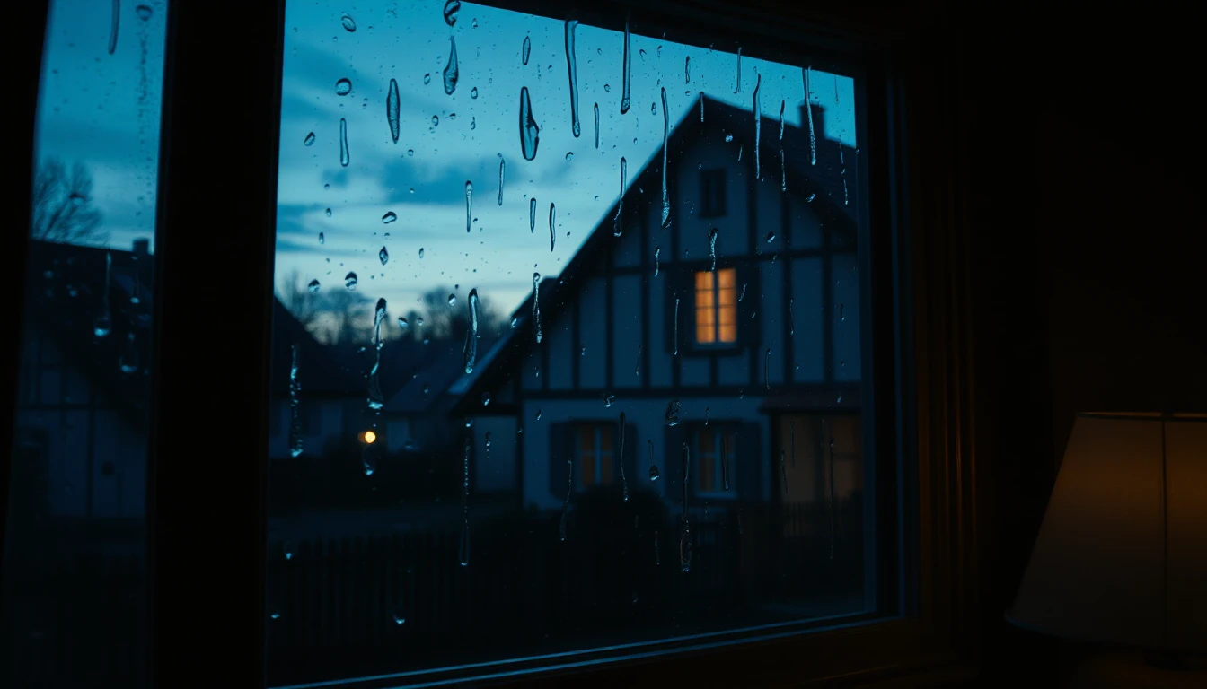 KI-Symbolbild: Ein Fachwerkhaus in der Abenddämmerung, gesehen durch ein verregnetes Fenster aus einem dunklen Raum.