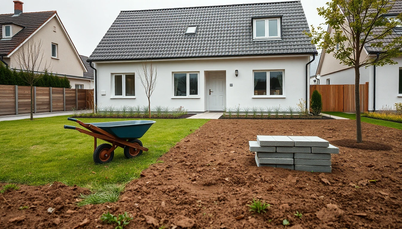 KI-Symbolbild: Ein Neubau mit halb fertigem Garten, links Rasen und rechts offene Erde, davor eine Schubkarre und gestapelte Pflastersteine.