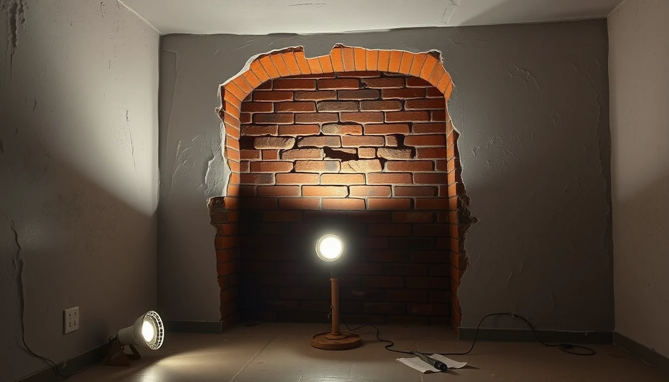 KI-Symbolbild: Eine Kellerwand mit freigelegtem Ziegelmauerwerk, davor stehen zwei Arbeitsleuchten.
