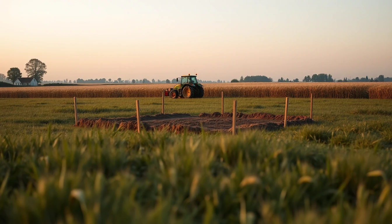 KI-Symbolbild: Eine abgesteckte Baufläche auf einer Wiese am Dorfrand, dahinter Weizenfeld und ein kleiner Traktor.