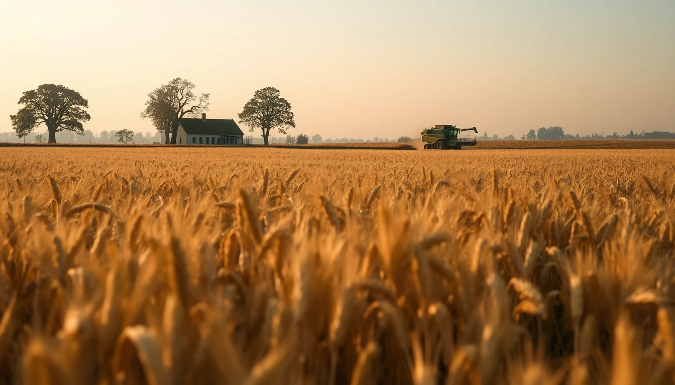 KI-Symbolbild: Ein reifes Weizenfeld mit Bauernhaus und alten Eichen, in der Ferne ein Mähdrescher.